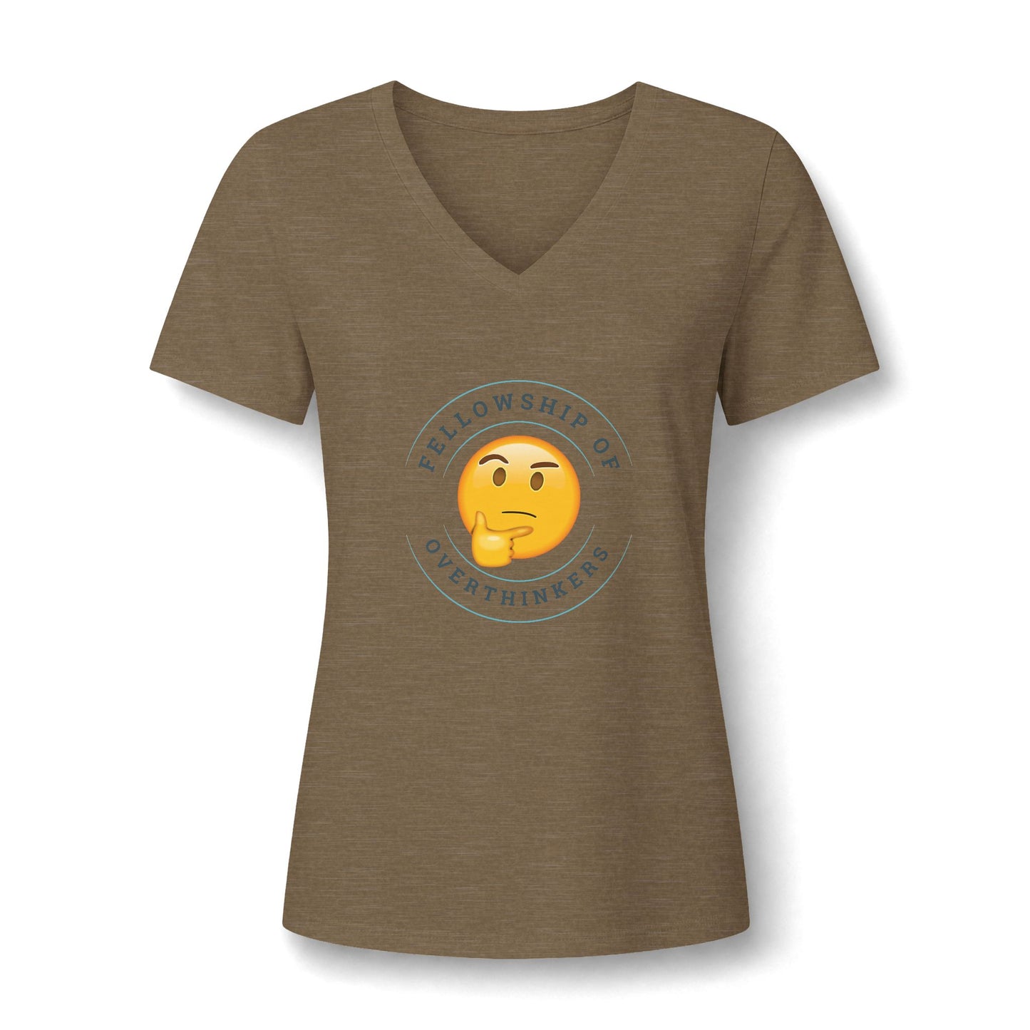 A women's short-sleeve V-neck t-shirt in heathered brown, featuring a circular graphic on the chest with a yellow thinking emoji and the text 'FELLOWSHIP OF OVERTHINKING'.