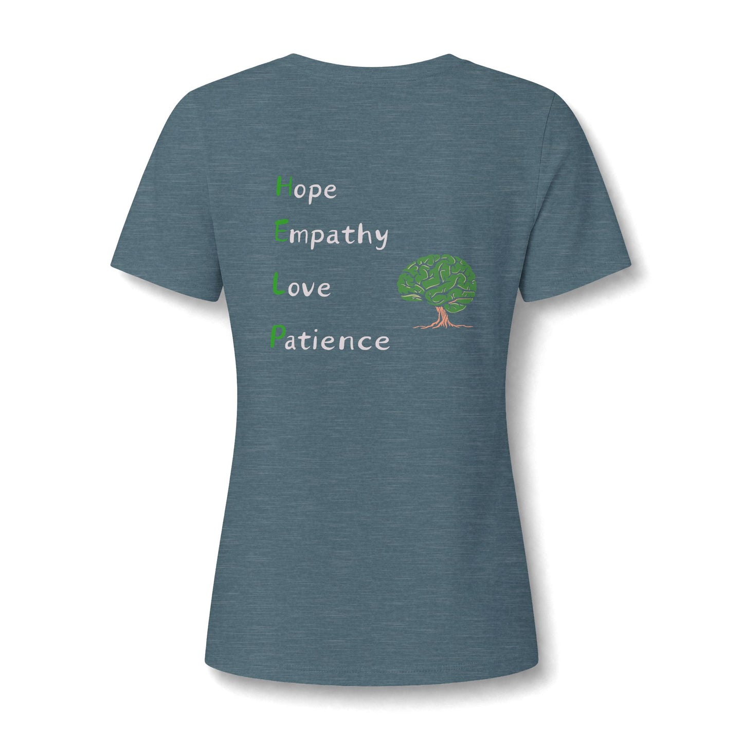 A heathered slate blue short-sleeve t-shirt shown from the back, featuring a graphic print of the word 'Hope' in green, followed by 'Empathy', 'Love', and 'Patience' in white, next to a green brain illustration with a brown trunk.
