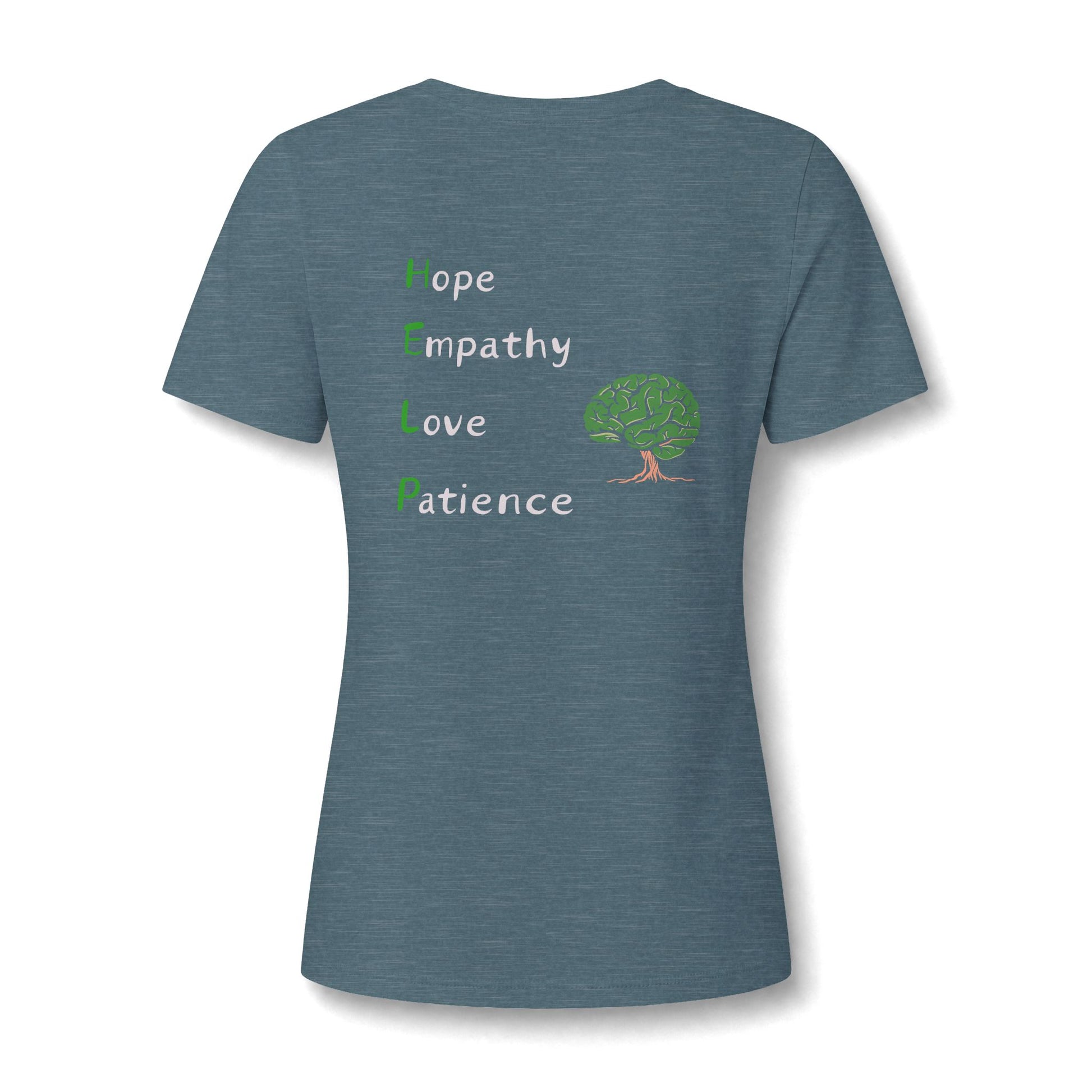 A heathered slate blue short-sleeve t-shirt shown from the back, featuring a graphic print of the word 'Hope' in green, followed by 'Empathy', 'Love', and 'Patience' in white, next to a green brain illustration with a brown trunk.