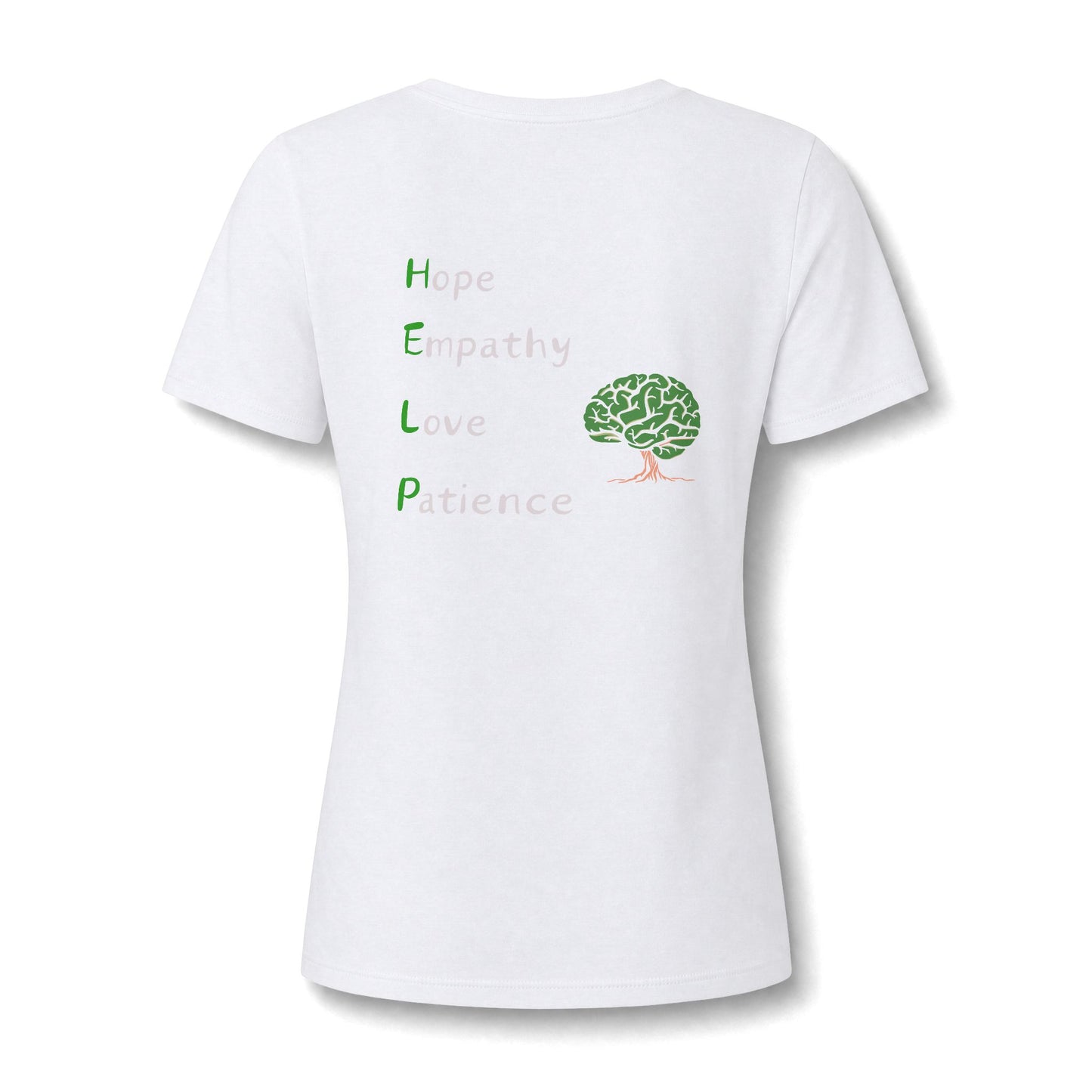 White short-sleeve t-shirt with a graphic on the front featuring the words 'Hope, Empathy, Love, Patience' in a soft pastel gradient and a green brain tree illustration.