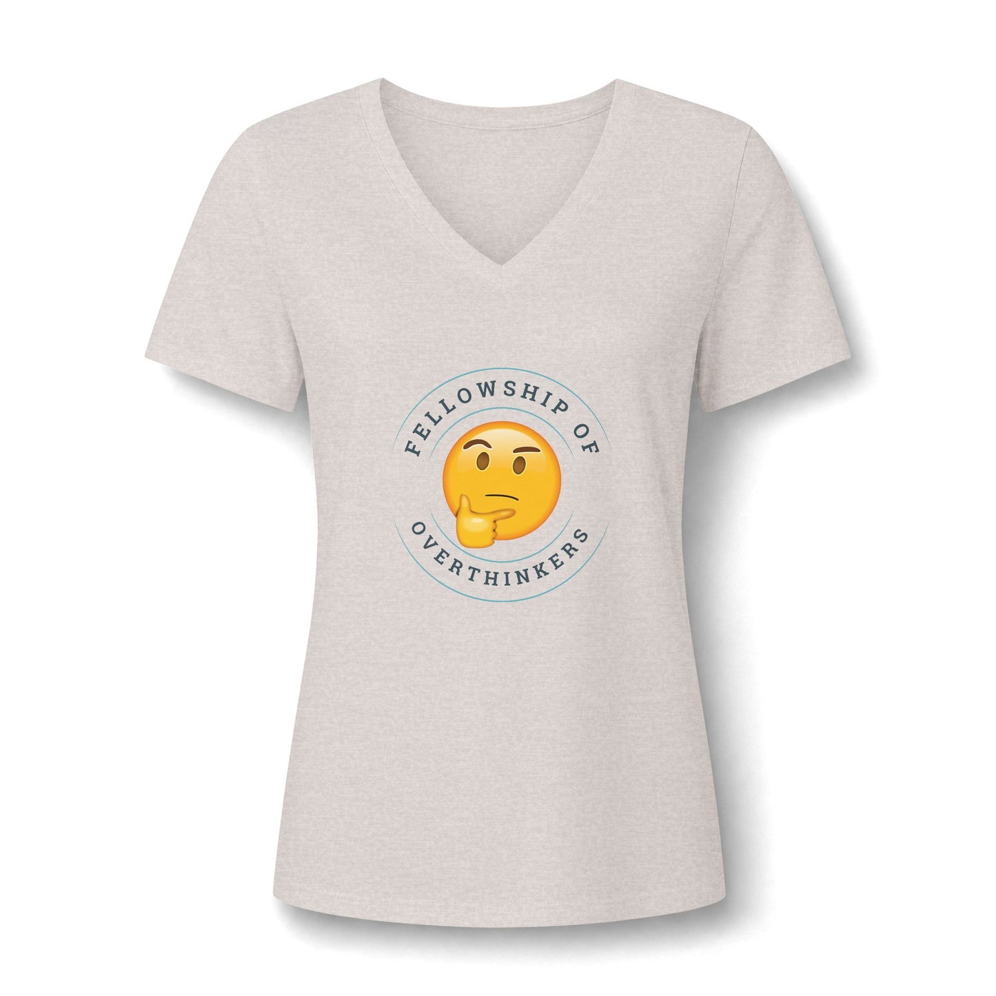 A women's short-sleeve V-neck t-shirt in a light heather gray, featuring a circular graphic on the chest with a yellow thinking emoji and the text 'FELLOWSHIP OF OVERTHINKERS'.