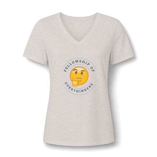 A women's short-sleeve V-neck t-shirt in a light heather gray, featuring a circular graphic on the chest with a yellow thinking emoji and the text 'FELLOWSHIP OF OVERTHINKERS'.