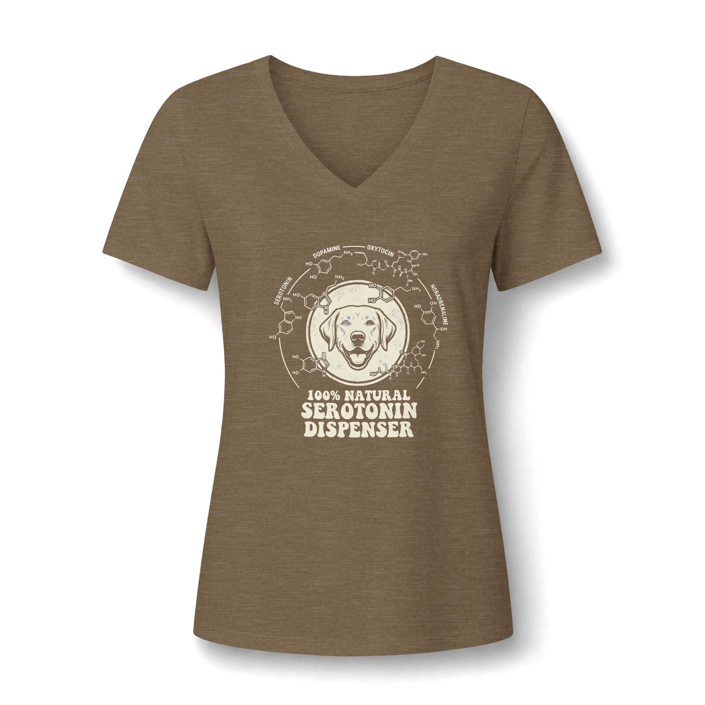 A cute Awareness Attire tee featuring an adorable dog graphic and the uplifting slogan '100% Natural Serotonin Dispenser' in heather olive
