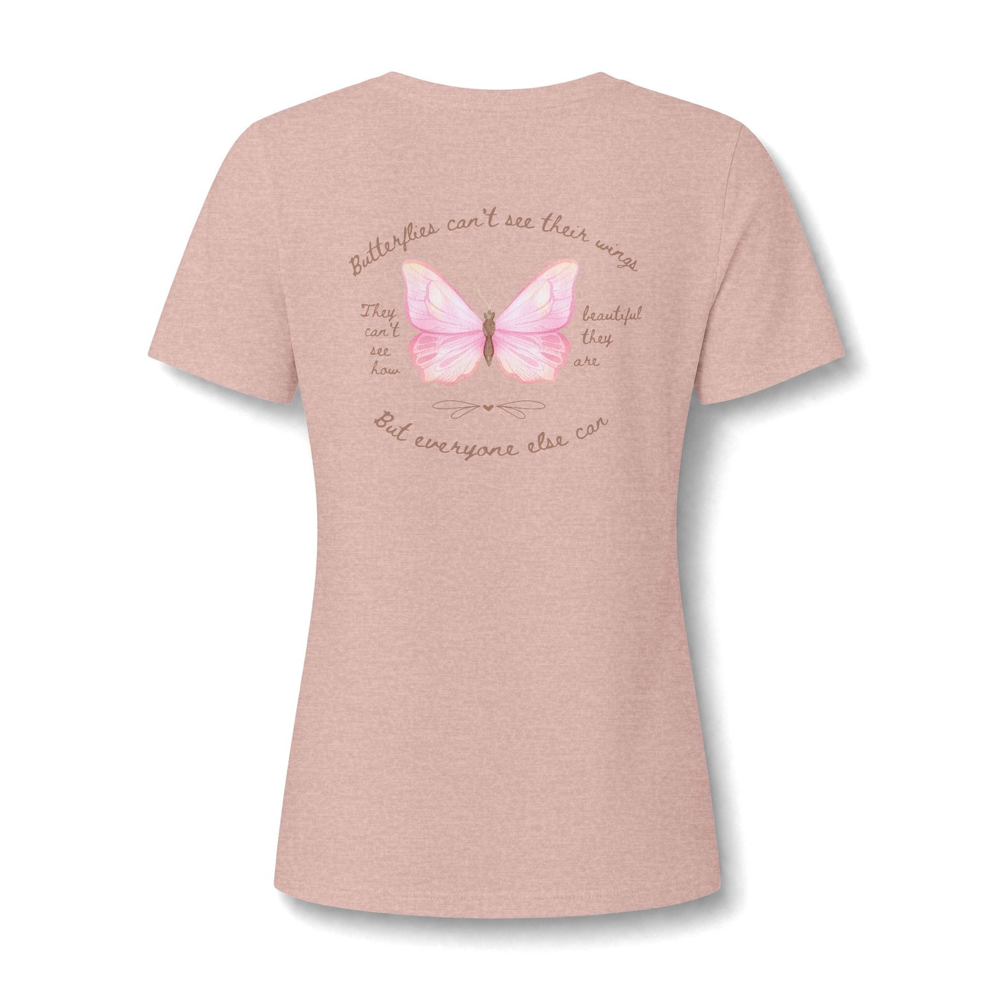 A casual v-neck shirt showcasing a detailed butterfly design centered on the chest, paired with the thoughtful slogan reminding wearers of their unseen beauty