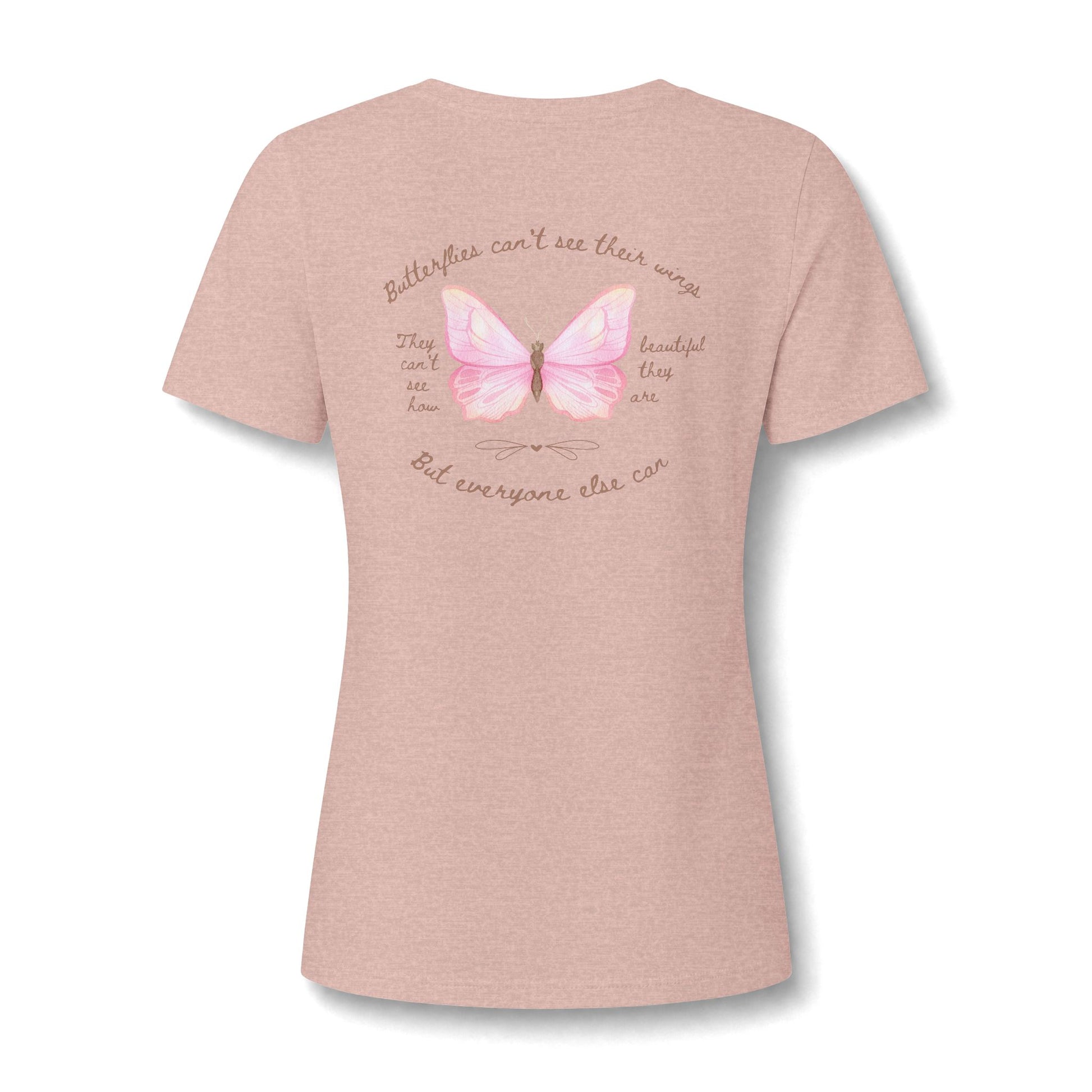 A casual v-neck shirt showcasing a detailed butterfly design centered on the chest, paired with the thoughtful slogan reminding wearers of their unseen beauty