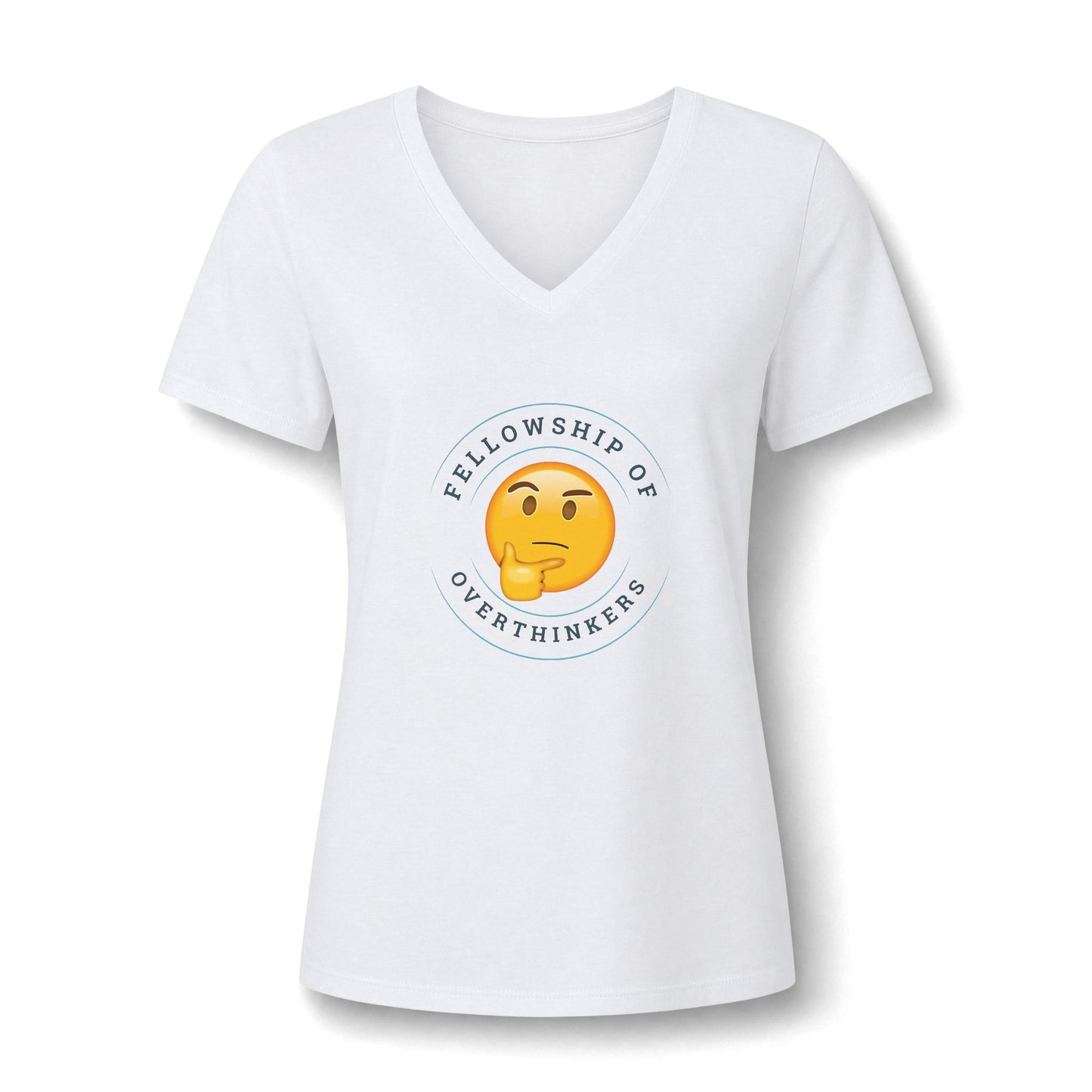 A white women's V-neck t-shirt with a circular graphic on the chest featuring a yellow thinking emoji and the text 'FELLOWSHIP OF OVERTHINKERS'.