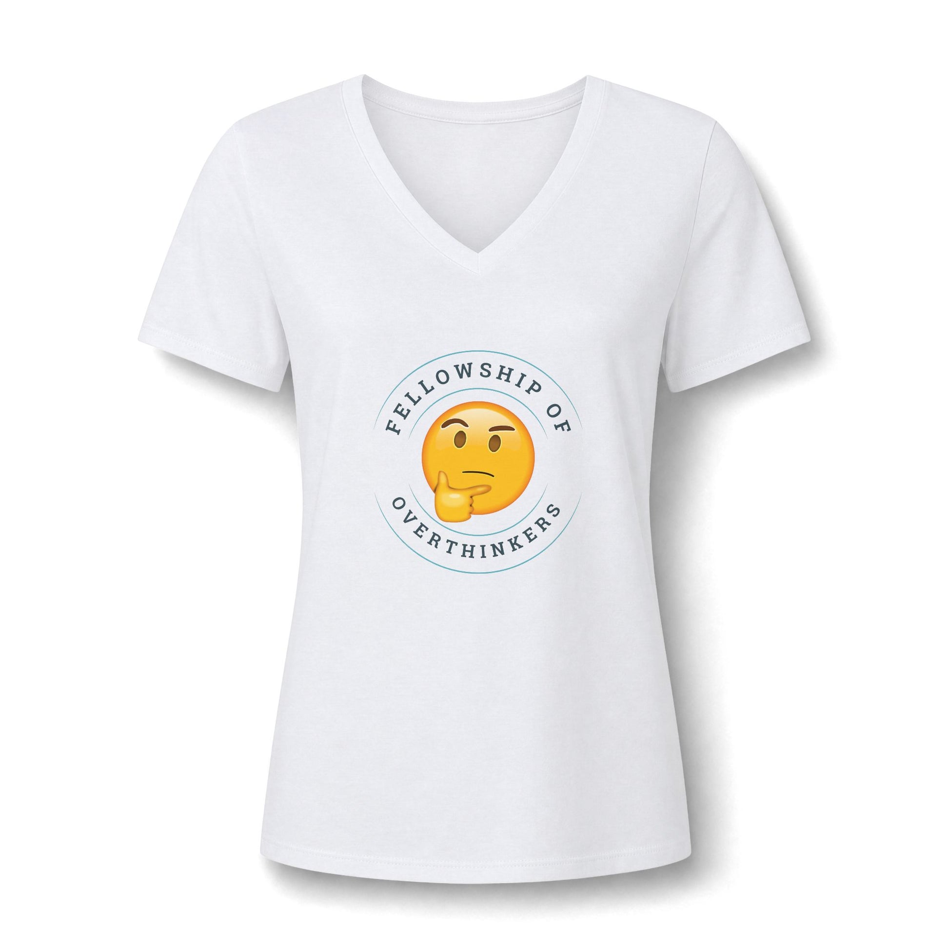 A white women's V-neck t-shirt with a circular graphic on the chest featuring a yellow thinking emoji and the text 'FELLOWSHIP OF OVERTHINKERS'.
