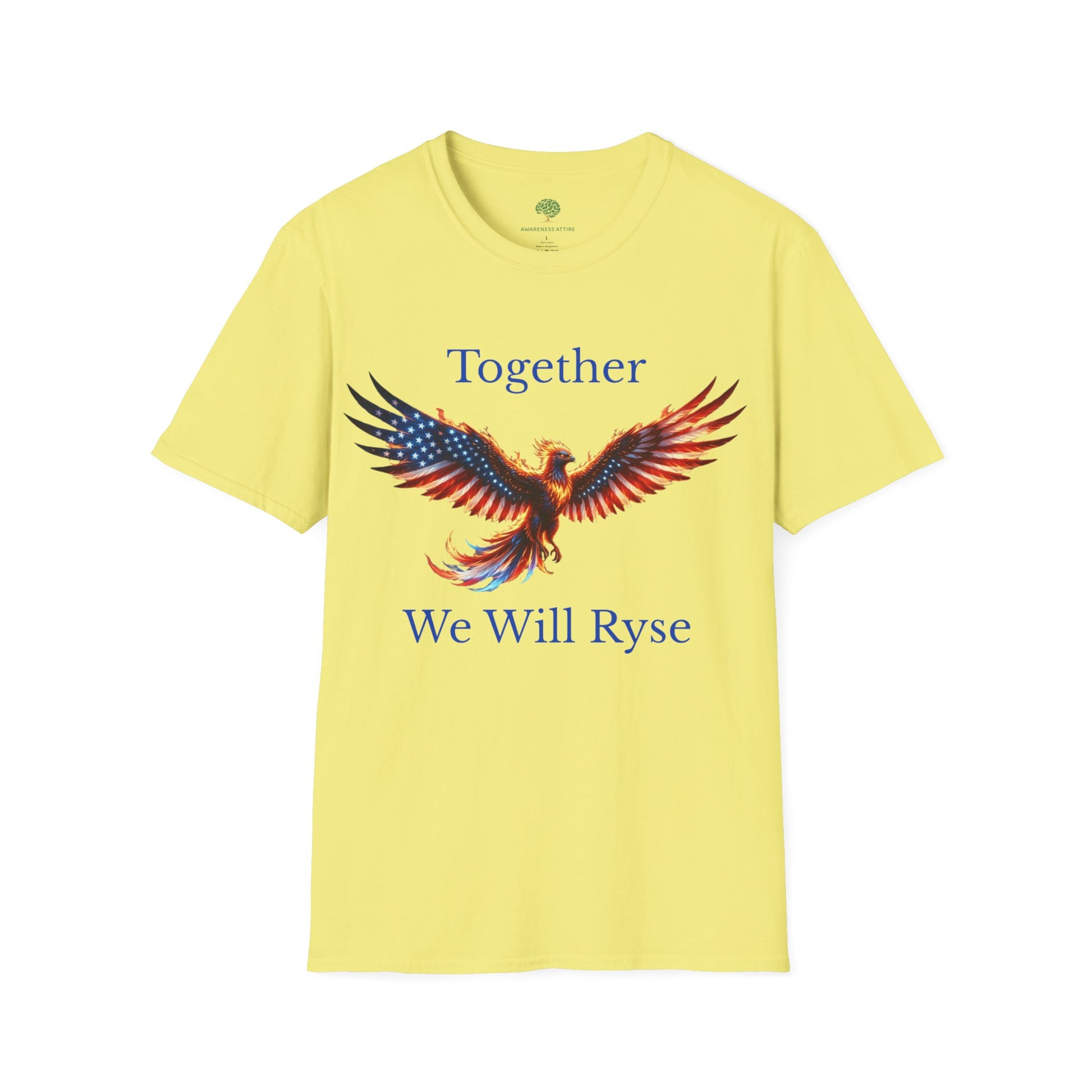 An Awareness Attire tee featuring Ryse the phoenix styled in a red, white, and blue American flag pattern alongside the inspiring slogan 'Together We Will Rise' in cornsilk