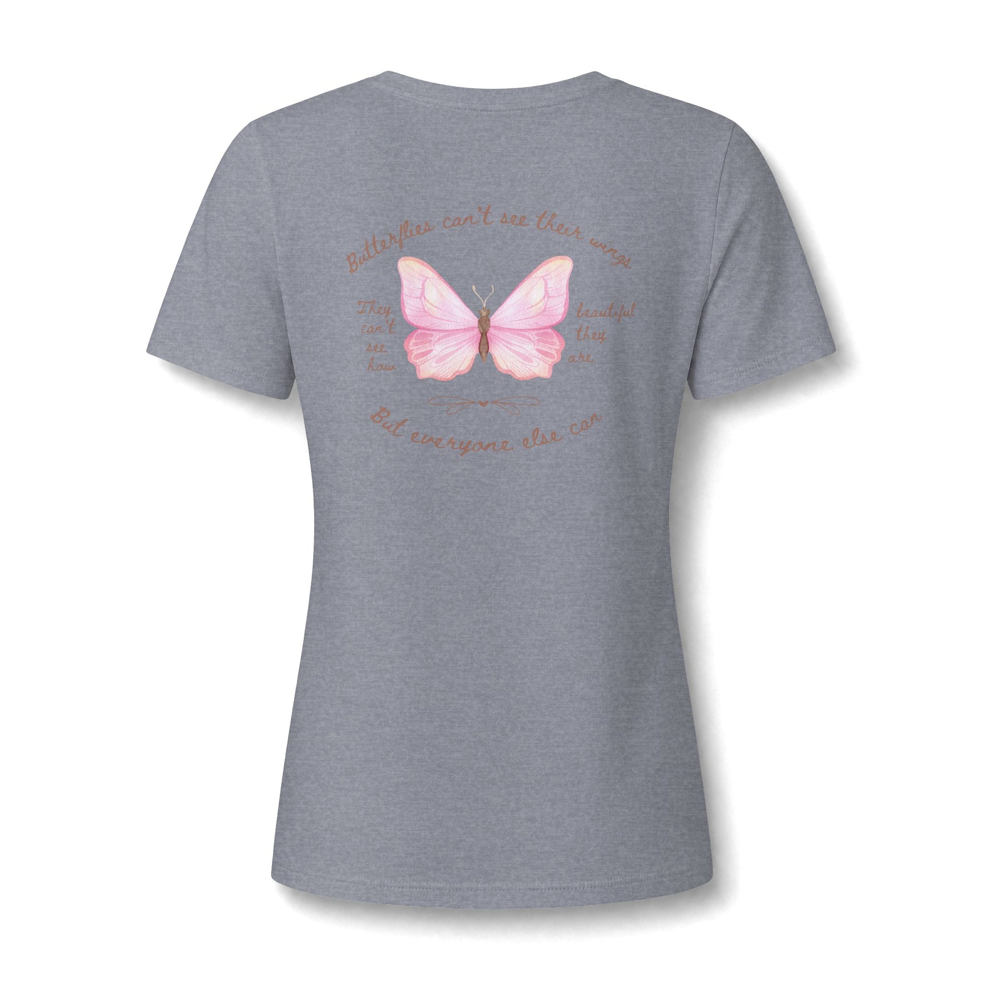 A casual v-neck shirt showcasing a detailed butterfly design centered on the chest, paired with the thoughtful slogan reminding wearers of their unseen beauty