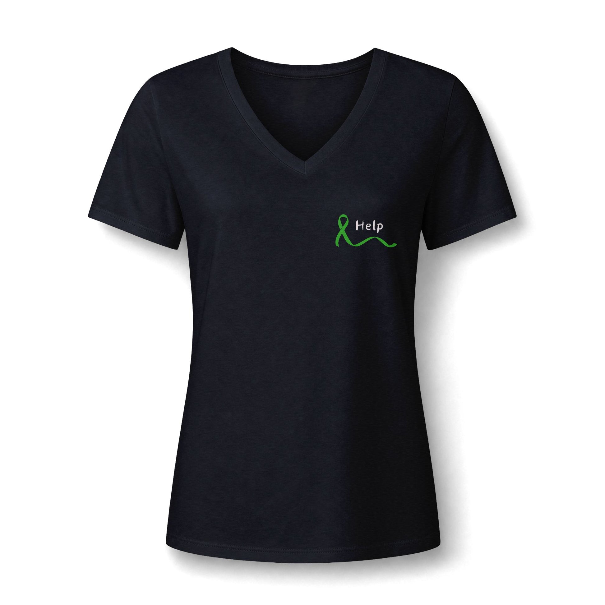 A women's short-sleeve V-neck t-shirt in black, featuring a green ribbon and the word 'Help' printed on the left chest, displayed against a plain white background.