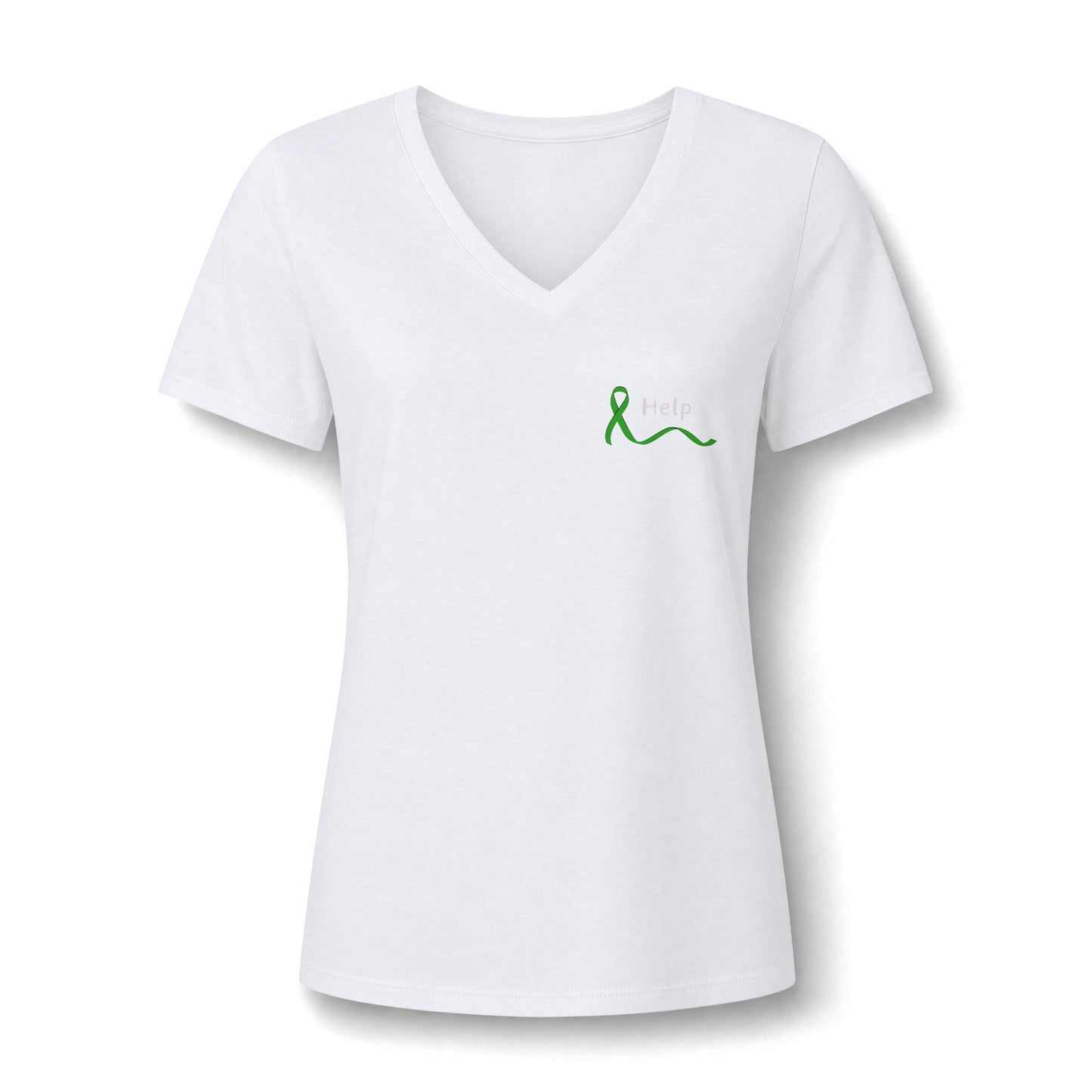White short-sleeve V-neck T-shirt with a small green ribbon and the word 'HELP' printed on the left chest, shown on a plain white background.