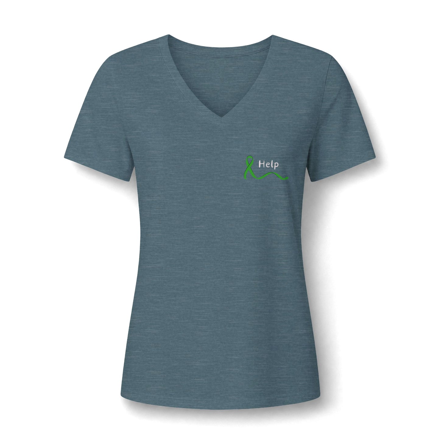 A women's short-sleeve V-neck t-shirt in heathered dusty rose, featuring a small green ribbon and the word 'Help' printed on the left chest, set against a plain white background.