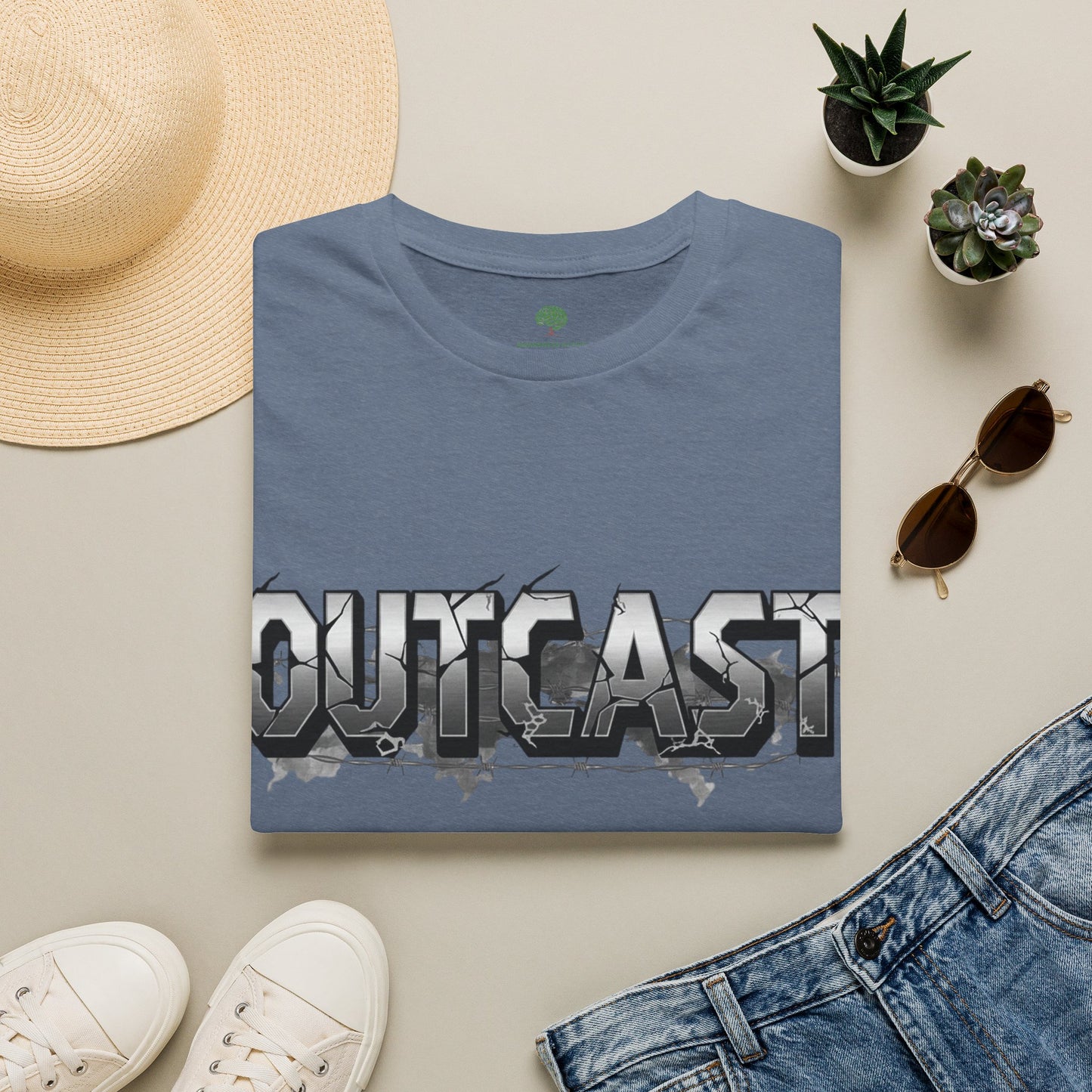 Folded slate blue shirt with Outcast graphic on chest
