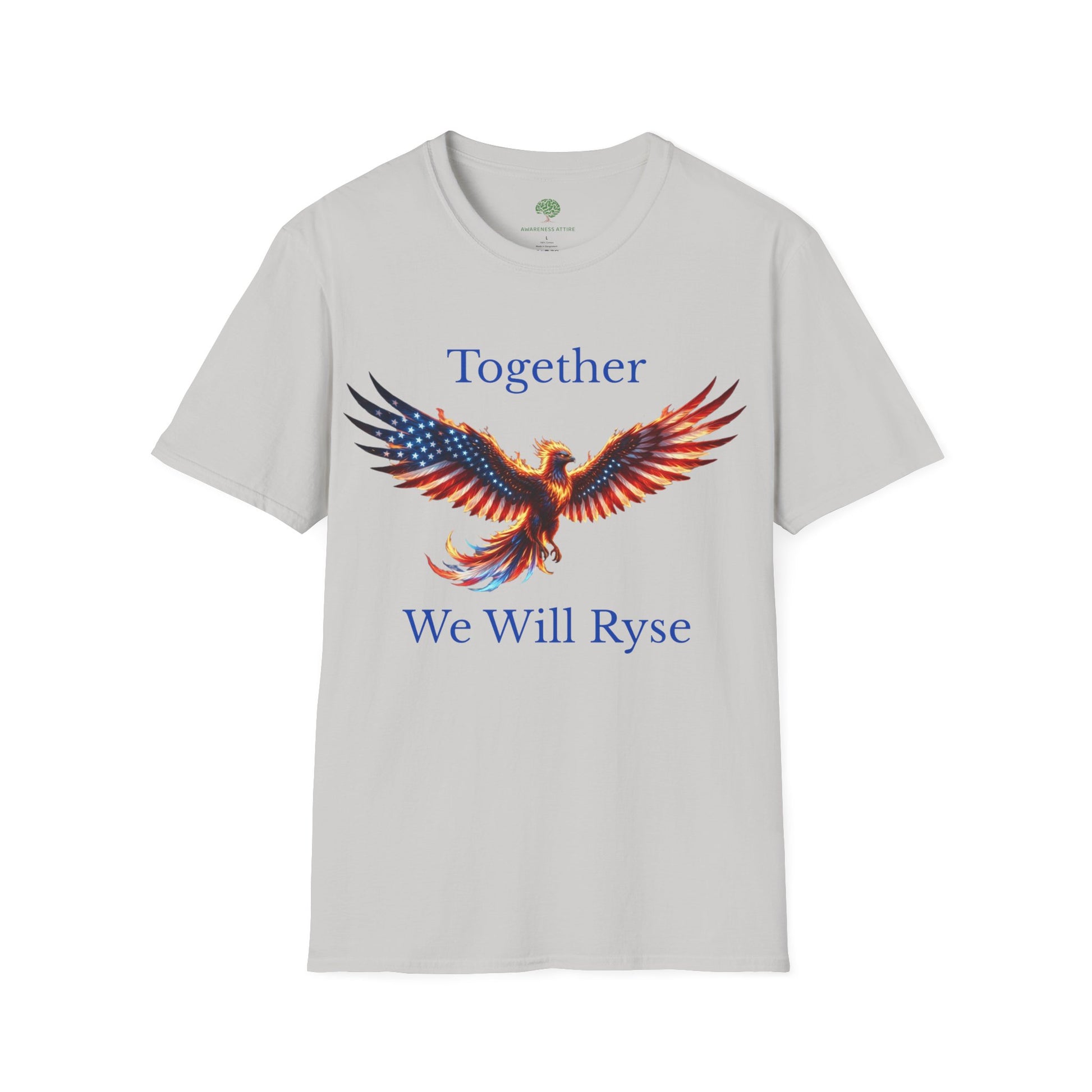 An Awareness Attire tee featuring Ryse the phoenix styled in a red, white, and blue American flag pattern alongside the inspiring slogan 'Together We Will Rise' in gray