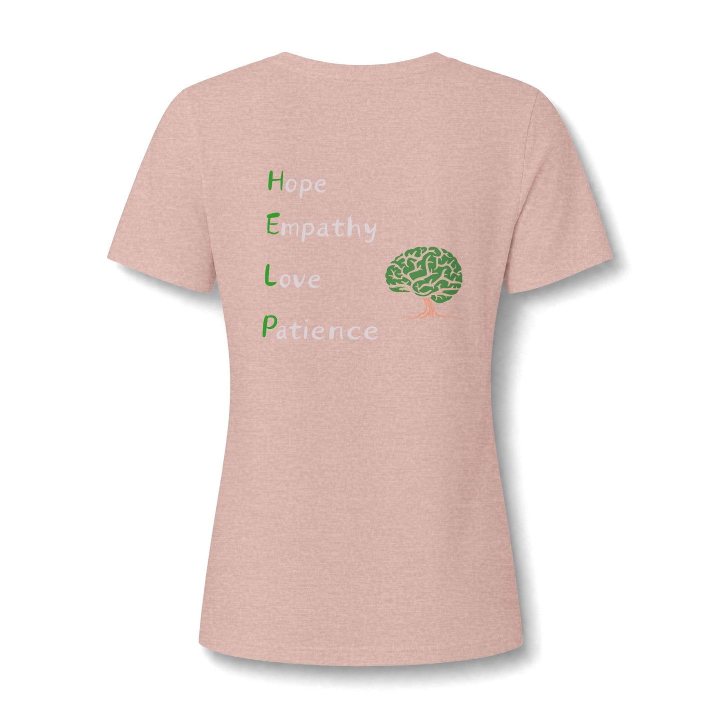 A heather pink short-sleeve t-shirt with a graphic on the front featuring the words 'Hope', 'Empathy', 'Love', and 'Patience' in white and green text next to a green brain illustration, displayed on a white background.