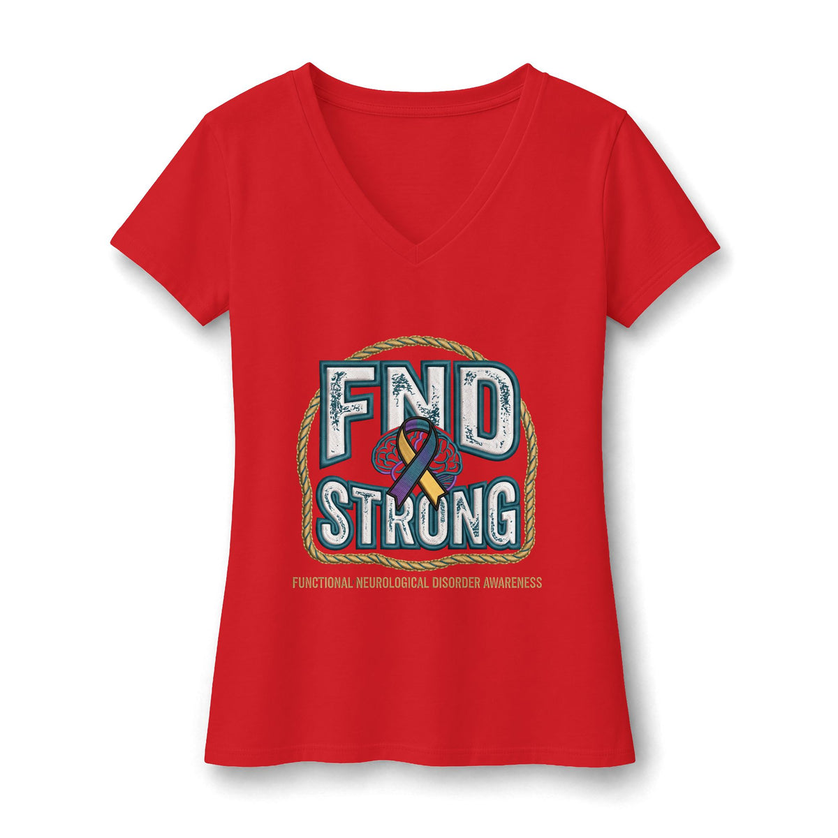 FND Strong Women’s V-Neck Tee — Functional Neurological Disorder Awareness Ribbon